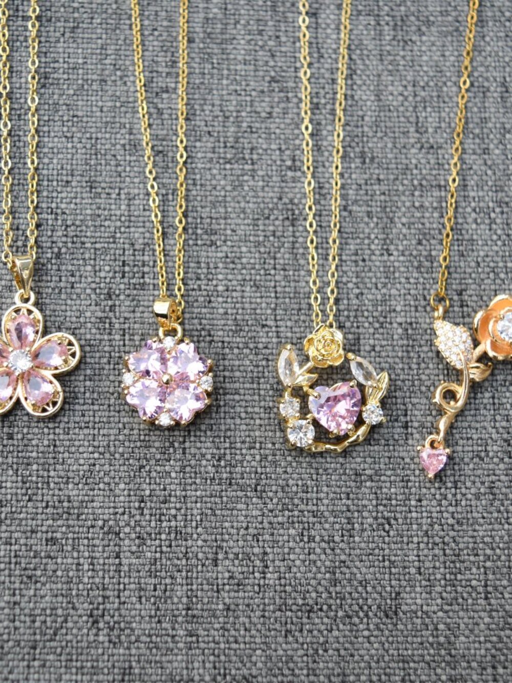 Pink Crystal Flower Charm Necklace - Stainless Steel Chain